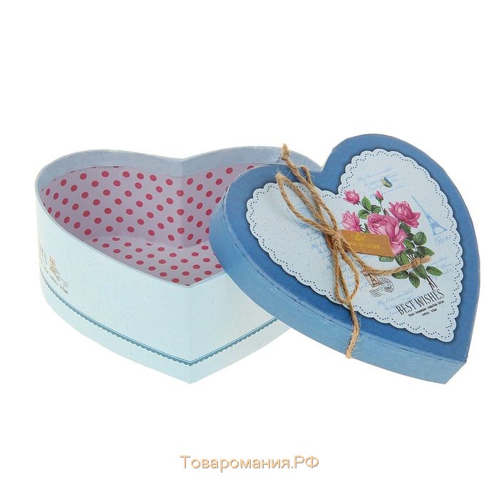 Набор коробок 3 в 1 сердца "Розы" голубой, 21 х 19 х 9 - 15.5 х 14 х 6 см
