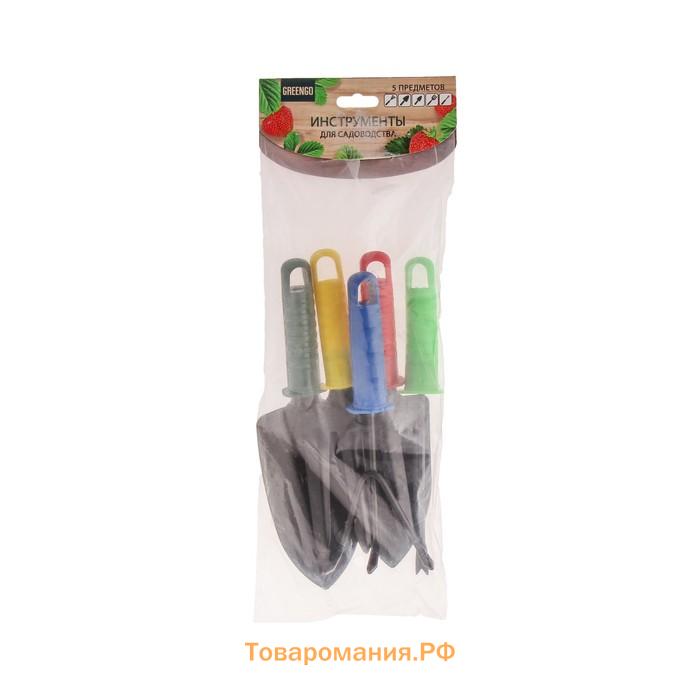Набор садового инструмента, 5 предметов: 2 совка, рыхлитель, вилка, корнеудалитель, длина 27 см, пластиковые ручки, цвет МИКС , Greengo