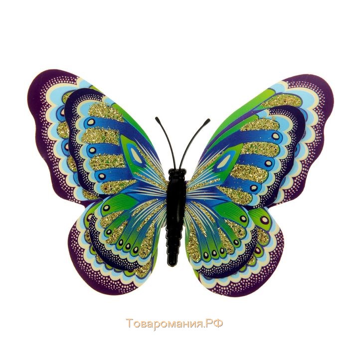 Магнит пластик "Бабочка с золотым глиттером" двойные крылышки,МИКС 10х7 см