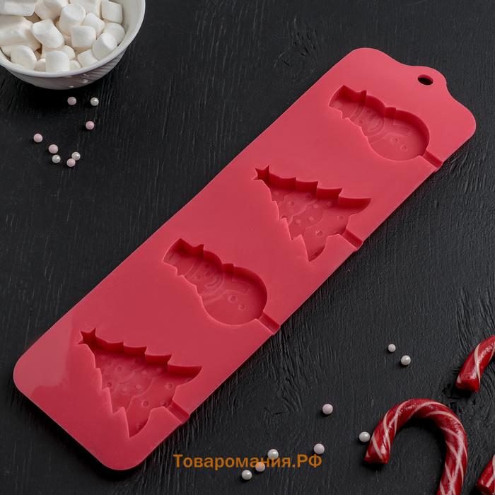 Форма для украшений «Новый год», силикон, 31×9 см, 4 ячейки, с палочками, цвет красный