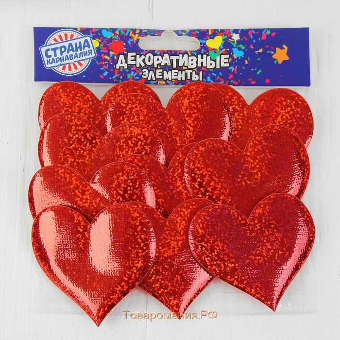 Сердечки декоративные, набор 12 шт., размер 1 шт: 6,5×6 см, цвет красный