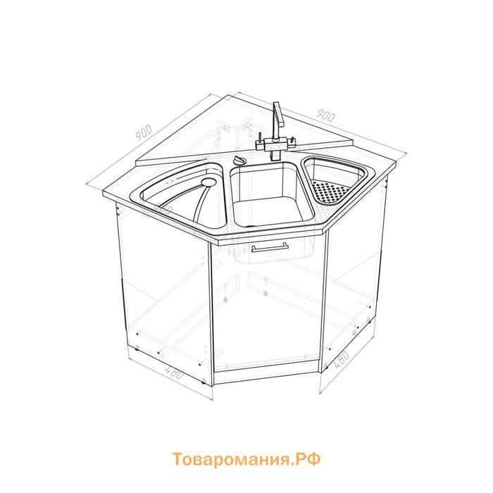 Шкаф напольный Лира 900х900х850 под мойку угловая с двер белый/Квадро шимо светлый/малага