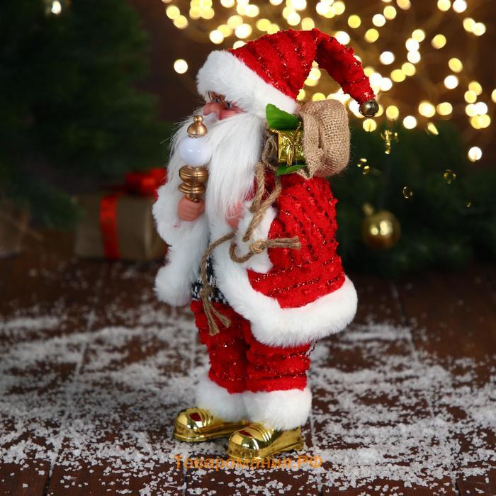 Дед Мороз "В свитере и блестящей шубке с белым мехом" двигается, лампа светится, 15х30 см