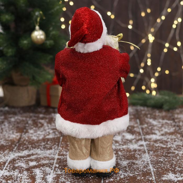 Дед Мороз "В золотисто-красном костюме, с ремешком, с подарками" 15х30 см