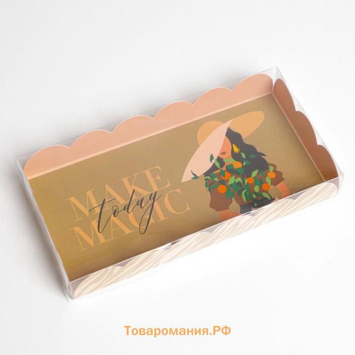 Коробка для печенья, кондитерская упаковка с PVC крышкой, Make today magic, 10.5 х 21 х 3 см