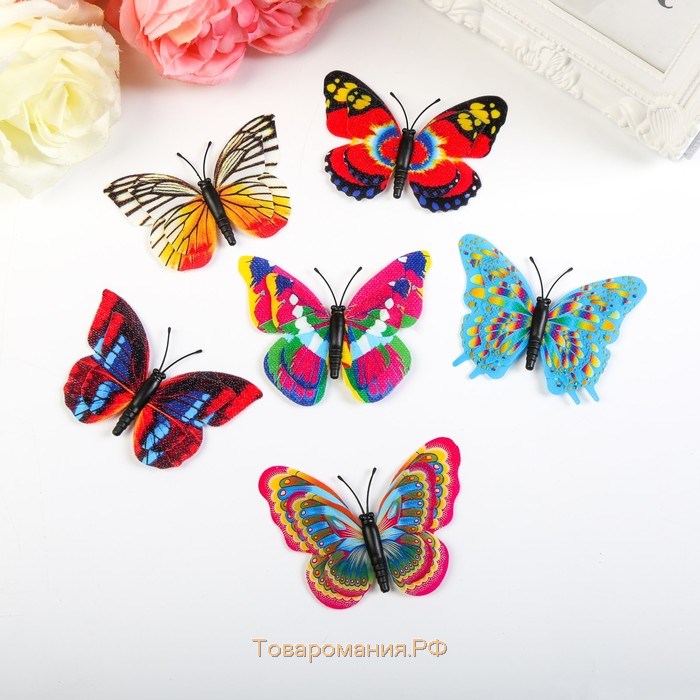 Магнит пластик "Бабочка радуга" двойные крылышки, МИКС 6,2х,7,1 см