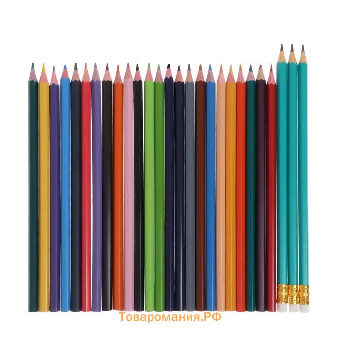 Карандаши 24 цвета Calligrata, ЭКОНОМ, заточенные, шестигранные, пластиковые, пенал-футляр и 3 чернографитных карандаша с ластиком в ПОДАРОК, МИКС