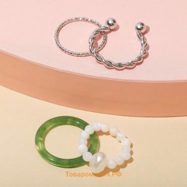 Кольцо набор 4 штуки "Джипси" 1 на фалангу, бусинки, цвет бело-зелёный в серебре, размер 16   712941