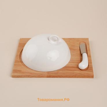 Маслёнка SL Home «Тренто», 22×17,5 см, на деревянной подставке, с ножом для масла, фарфор, белая